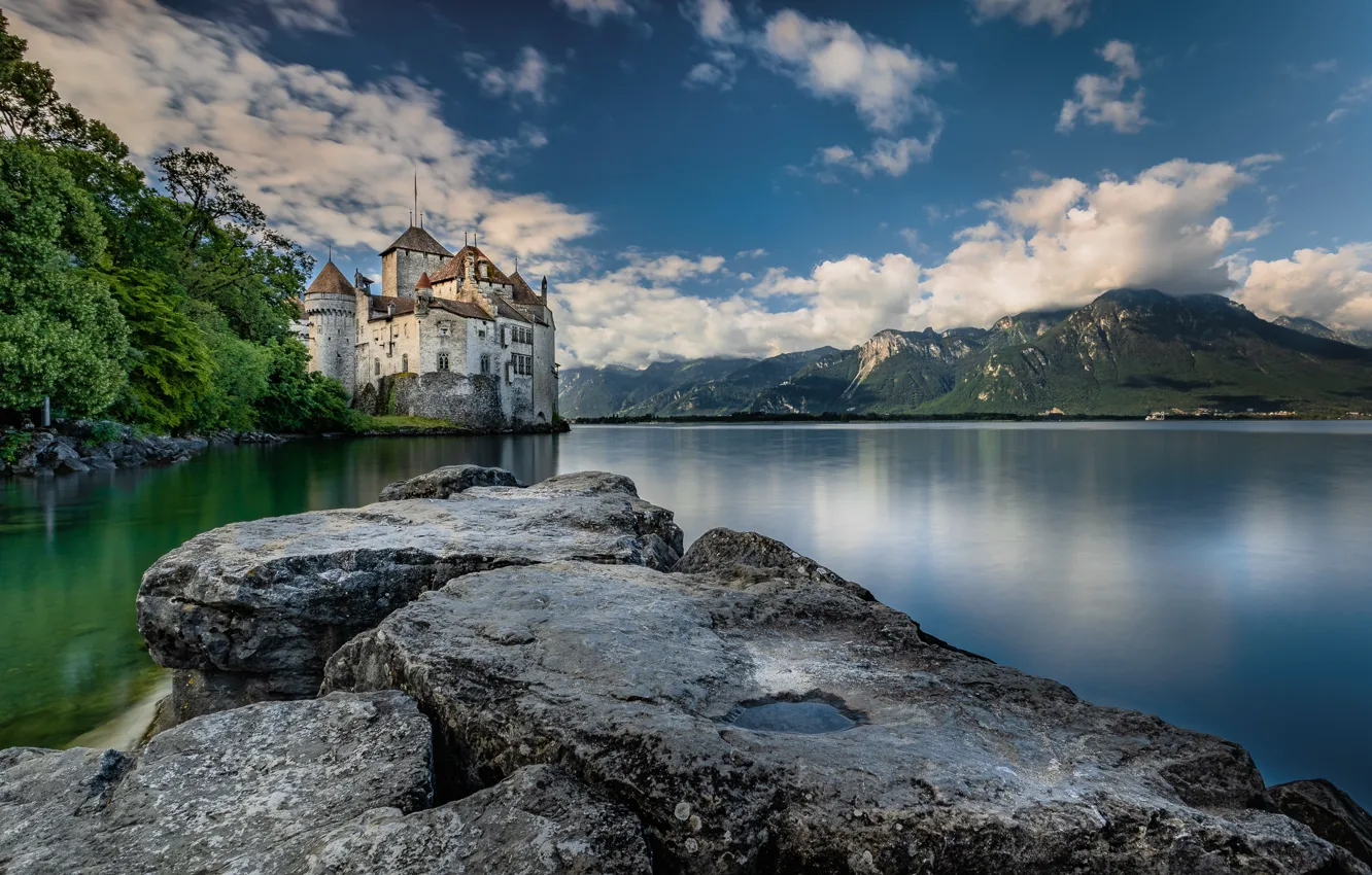 Photo wallpaper landscape, mountains, nature, lake, stones, castle, Switzerland, Lake Geneva
