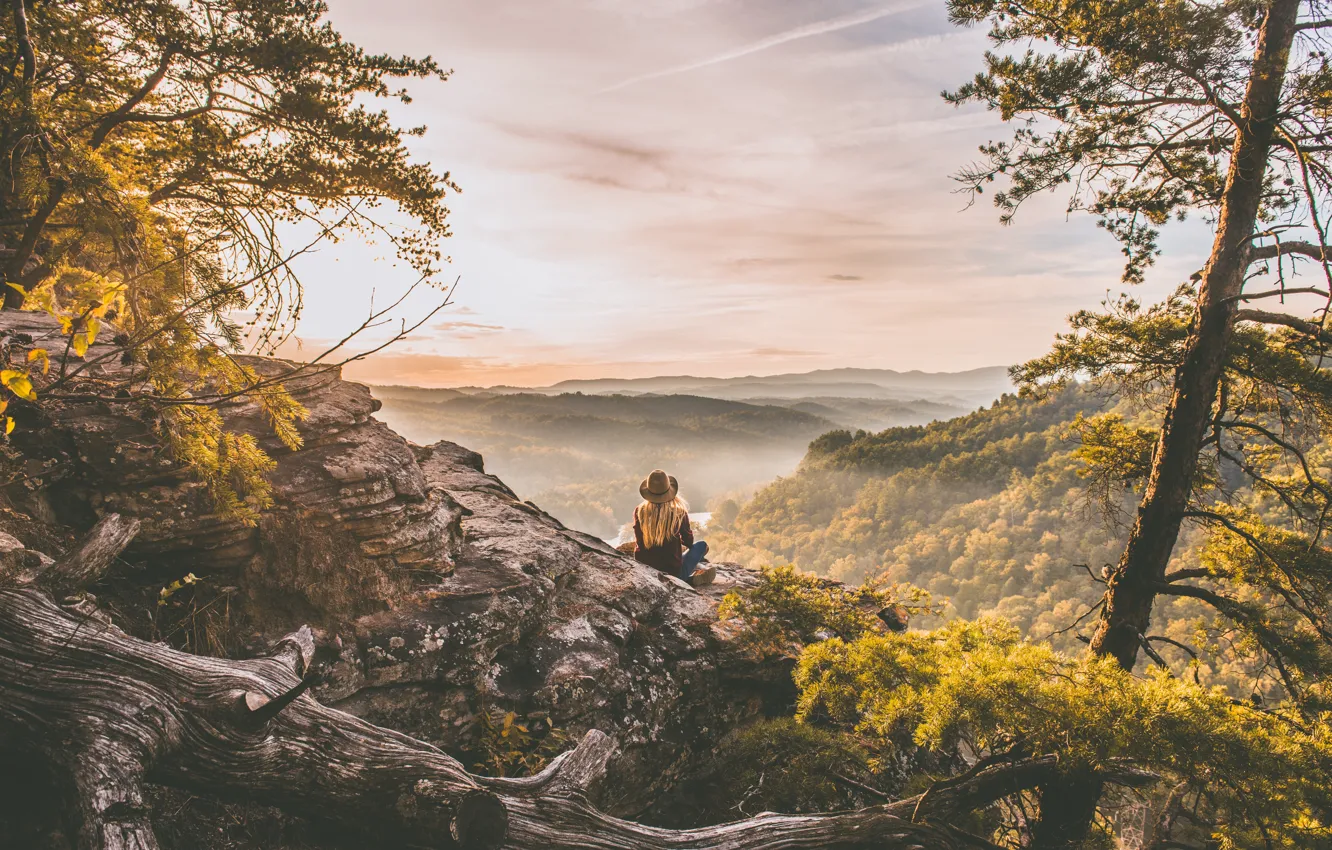 Photo wallpaper forest, girl, trees, landscape, mountains, fog, rock, river