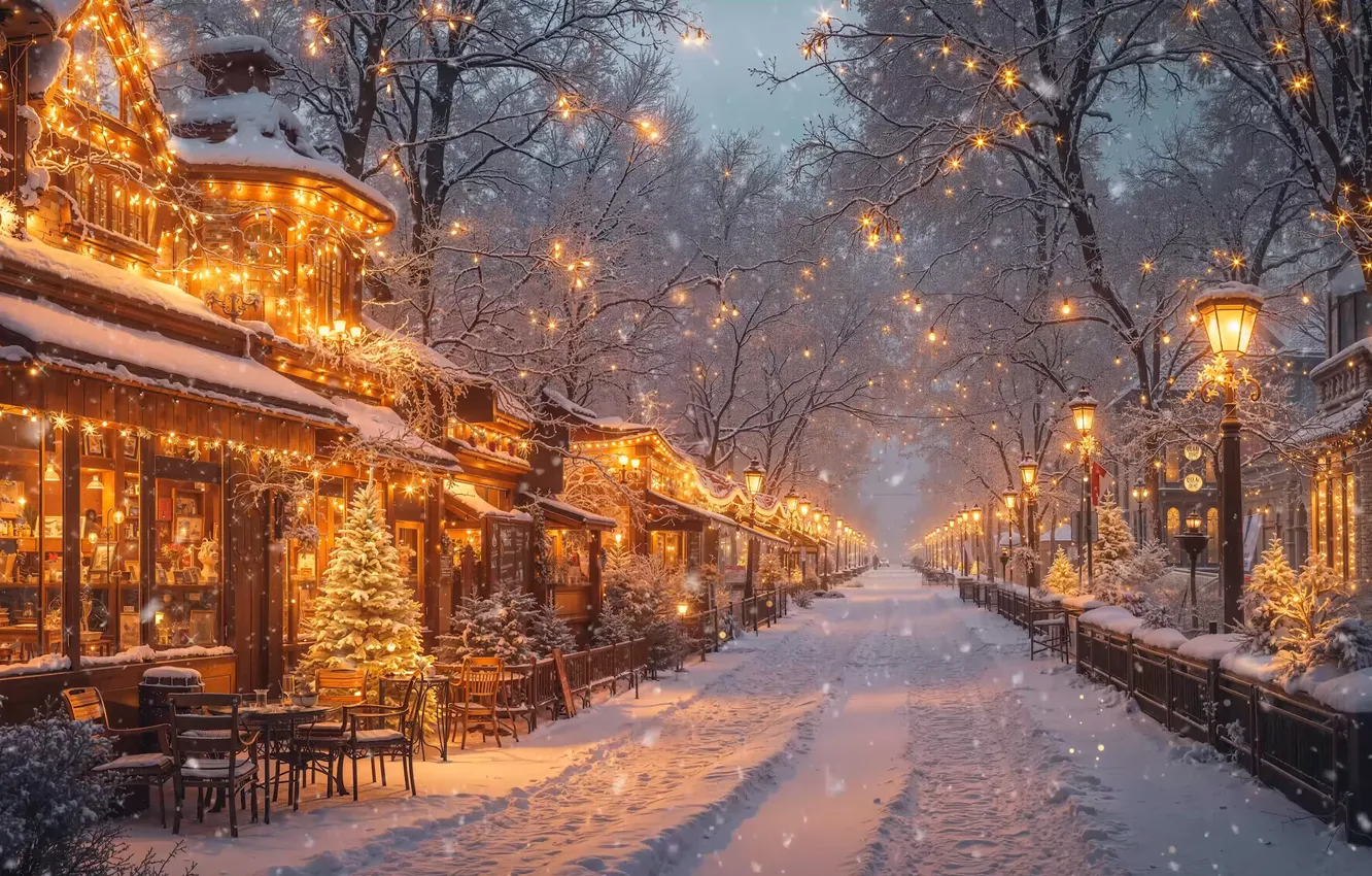 Photo wallpaper lights, snow, street, lights Christmas, Christmas shops