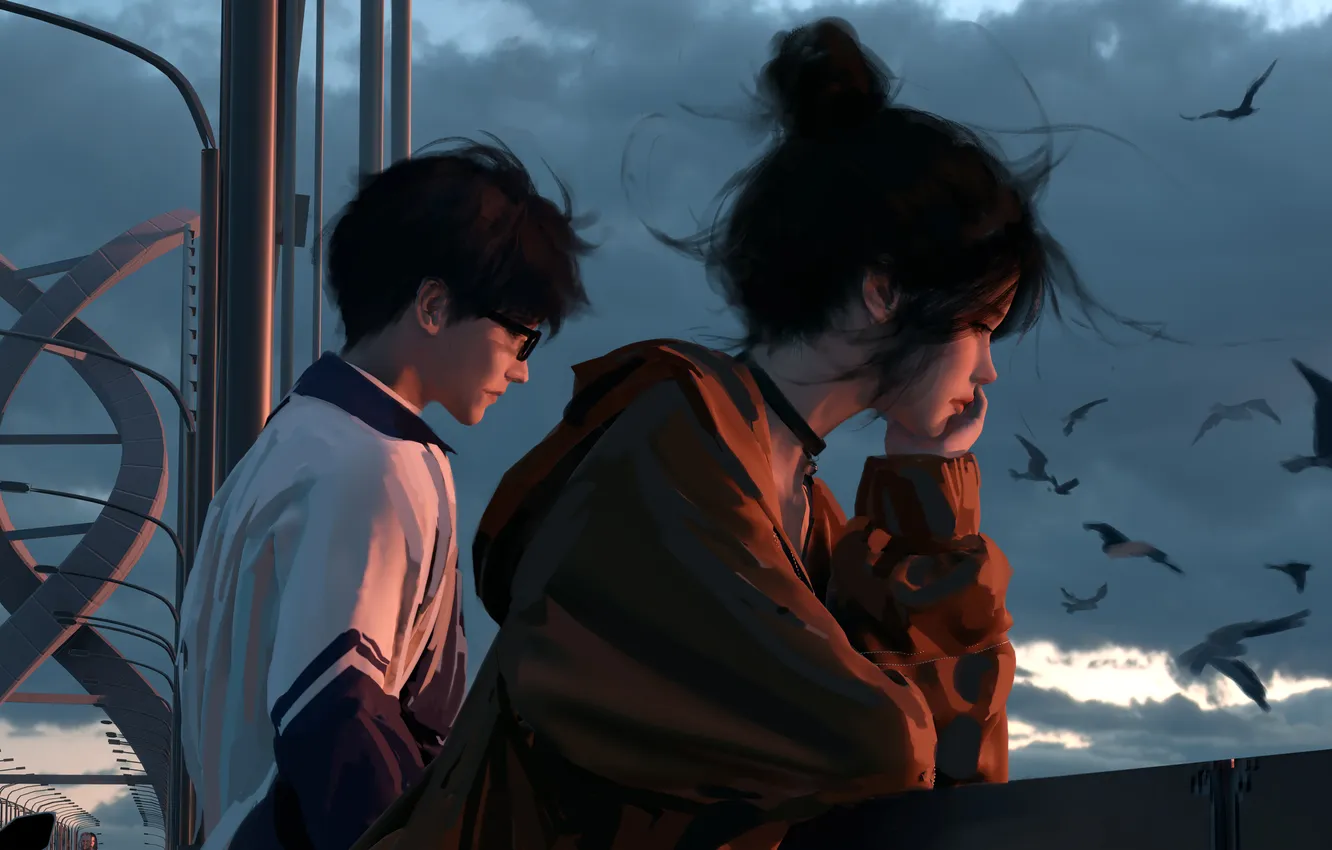 Photo wallpaper the sky, girl, seagulls, guy, wlop
