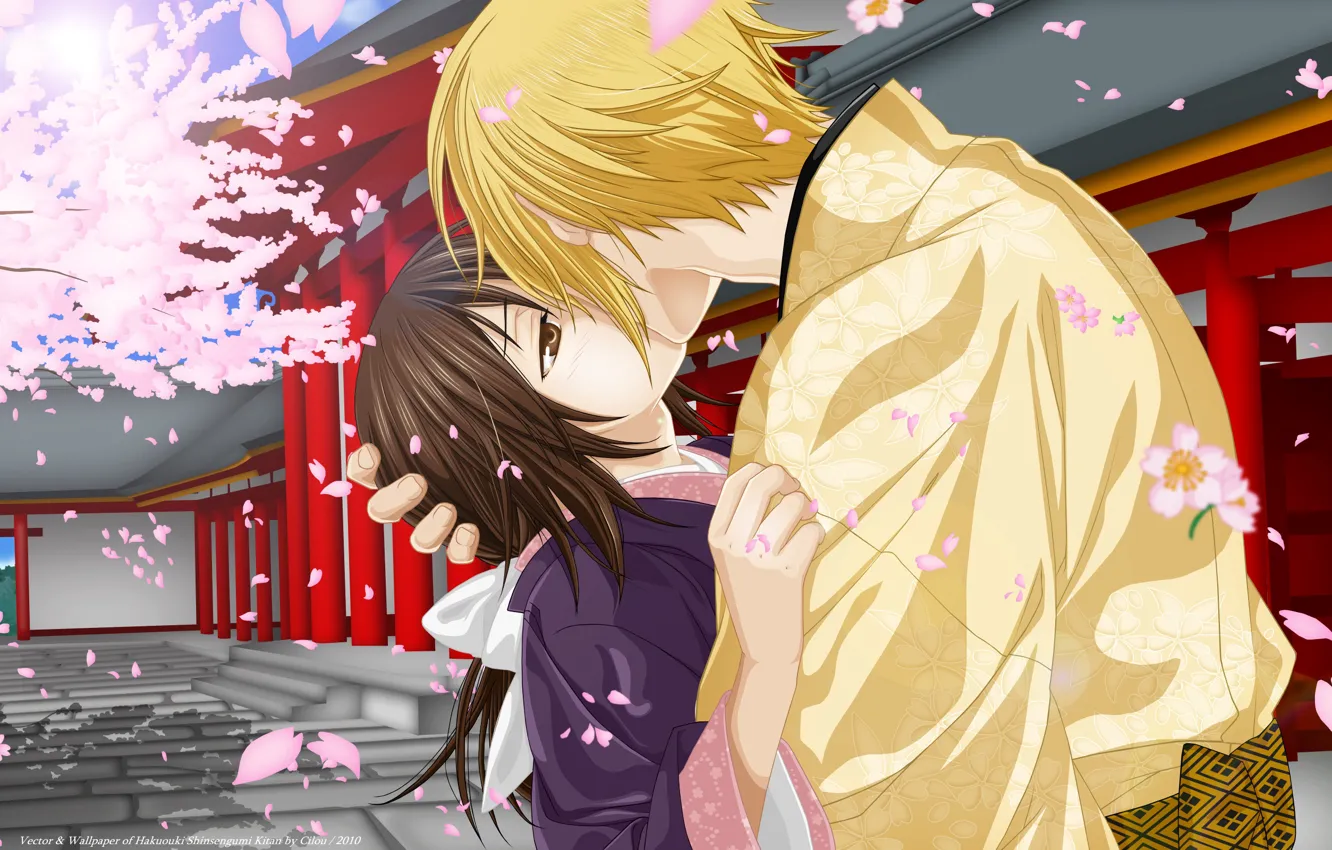 Photo wallpaper romance, kiss, anime, art, two, Hakuouki, Yukimura Chizuru, Kazama Chikage