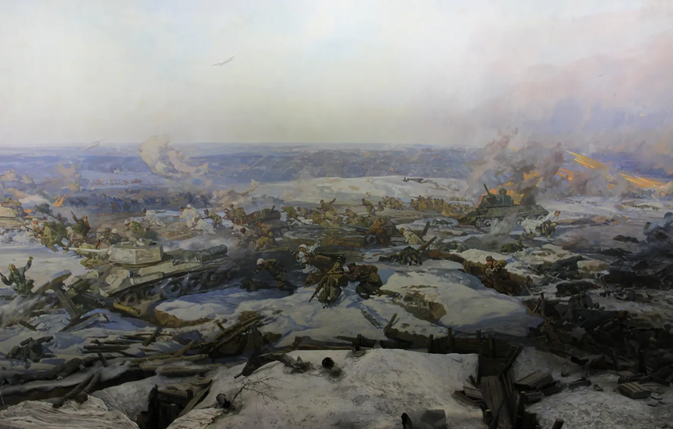 Photo wallpaper Winter, Snow, War, Panorama, Picture, Soldiers, Fragment, Russian