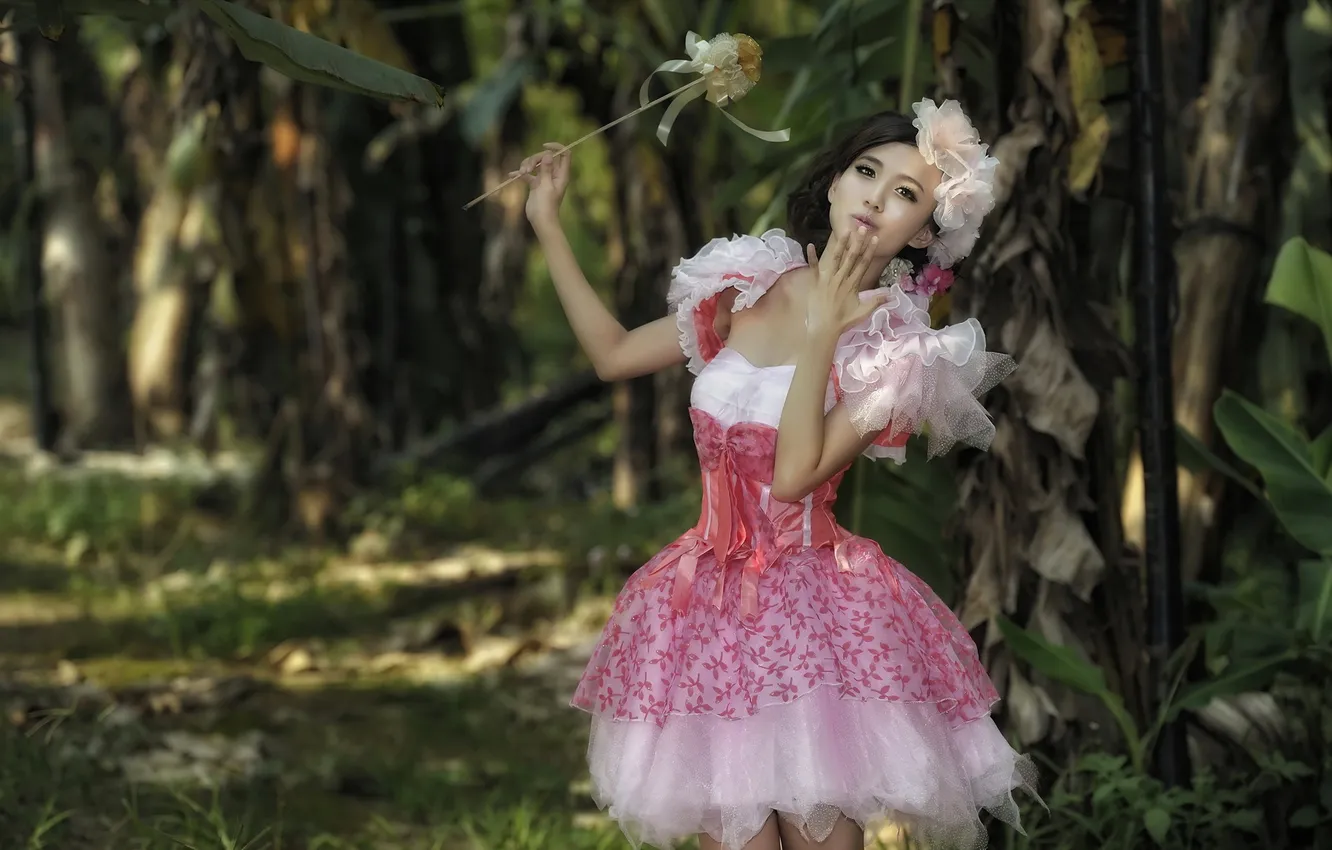 Photo wallpaper forest, summer, girl, Asian