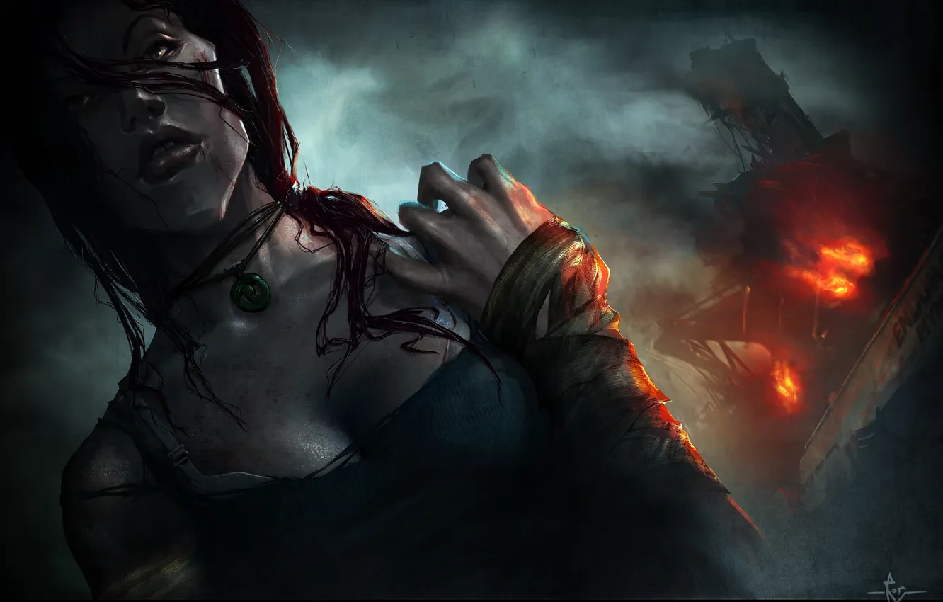 Photo wallpaper fire, ship, art, Tomb Raider, Lara Croft, Lara Croft