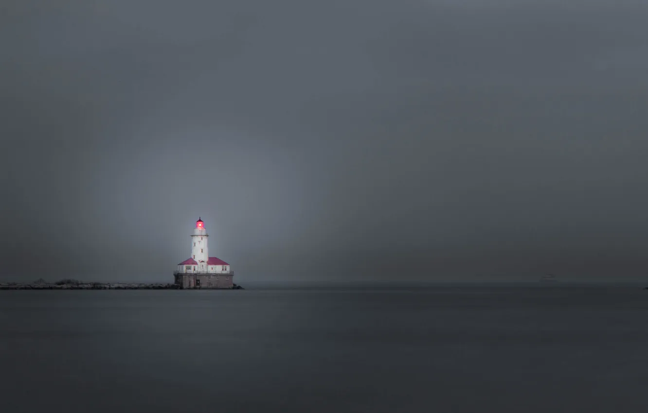 Photo wallpaper sea, the storm, lighthouse, Bay, gray clouds
