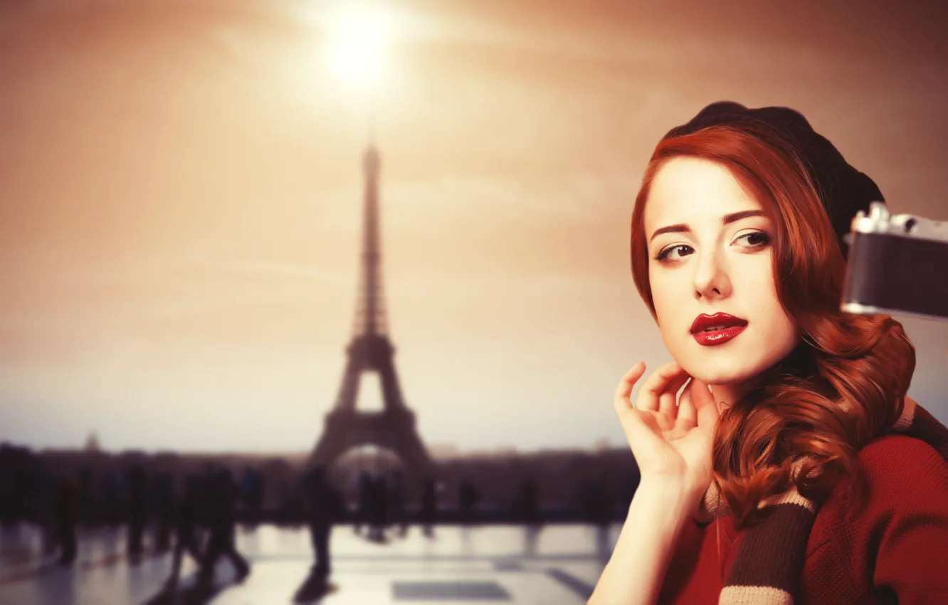 Photo wallpaper look, girl, background, Paris, the camera, red, red lips