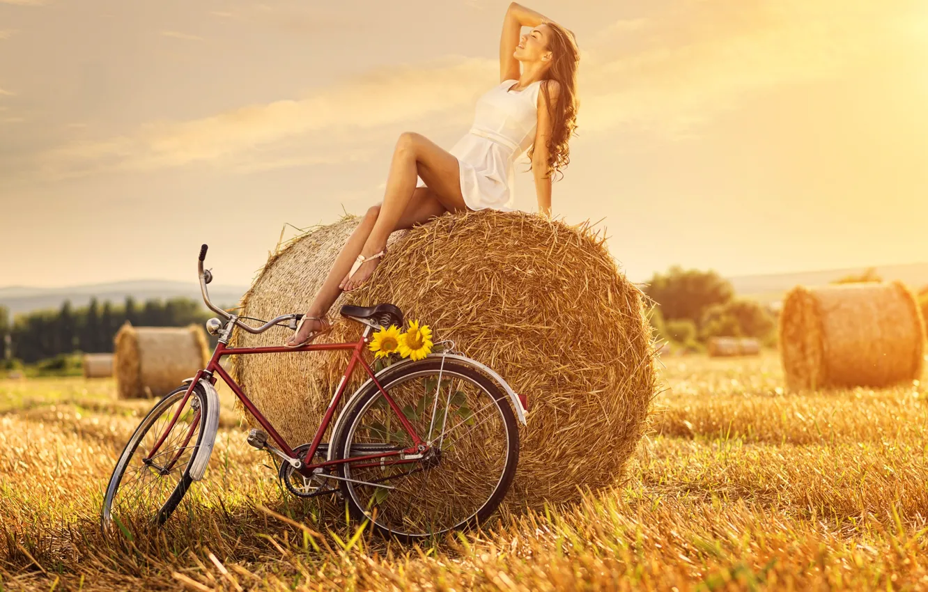 Photo wallpaper girl, flowers, bike, straw
