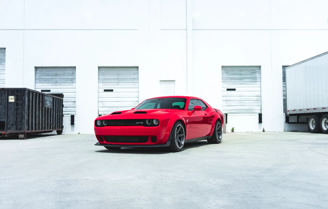 Photo wallpaper Dodge, Challenger, Red, Black, Wheels, SRT Hellcat