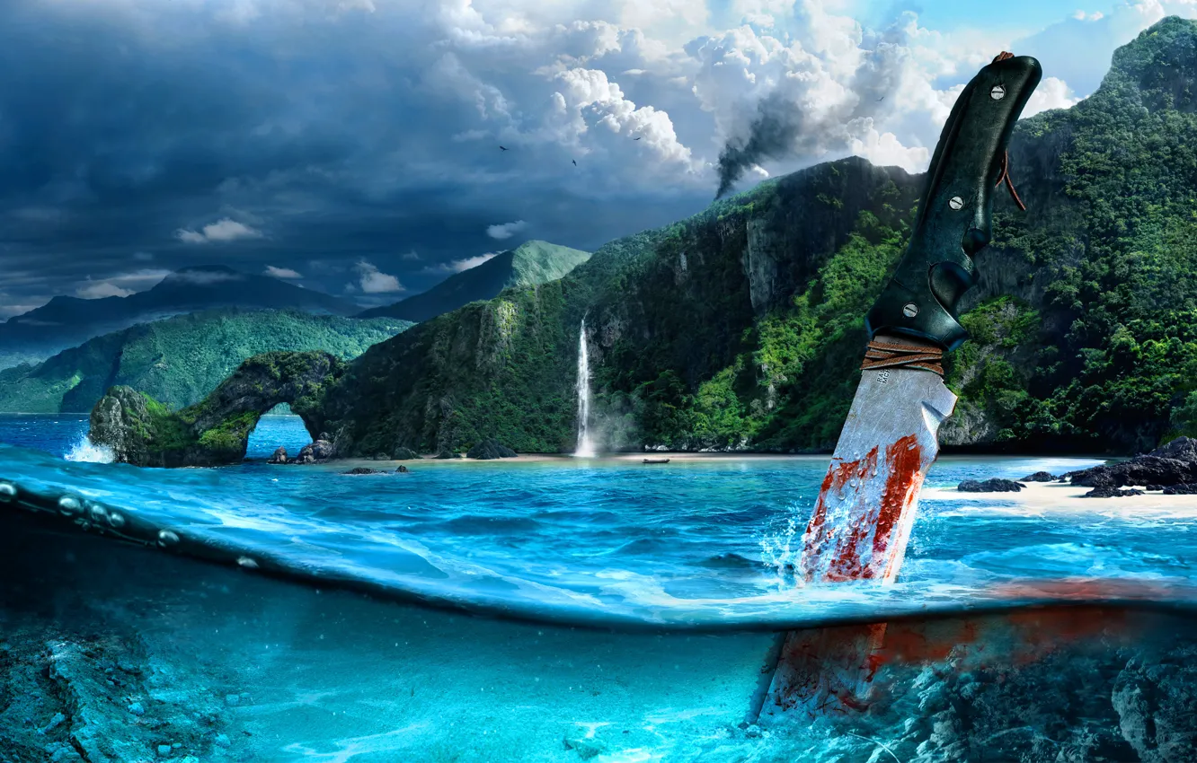 Photo wallpaper sea, mountains, blood, knife, shooter, Far cry 3