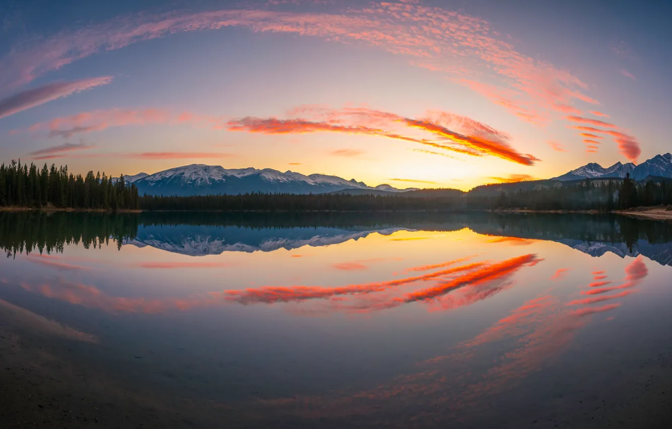 Photo wallpaper forest, the sky, clouds, sunset, mountains, lake, reflection, shore