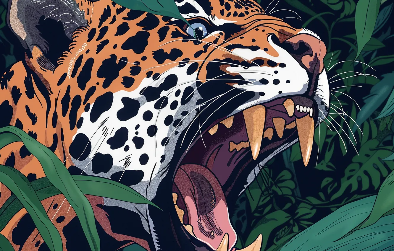 Photo wallpaper mustache, face, predator, art, mouth, fangs, grin, Jaguar