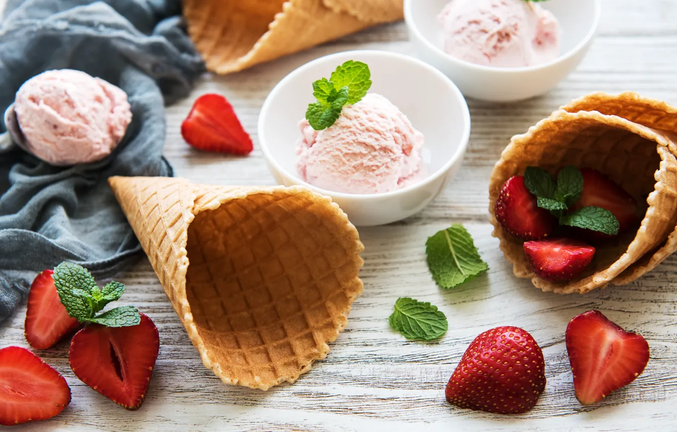 Photo wallpaper strawberry, ice cream, mint, strawberry, waffle cone, Olena Rudo