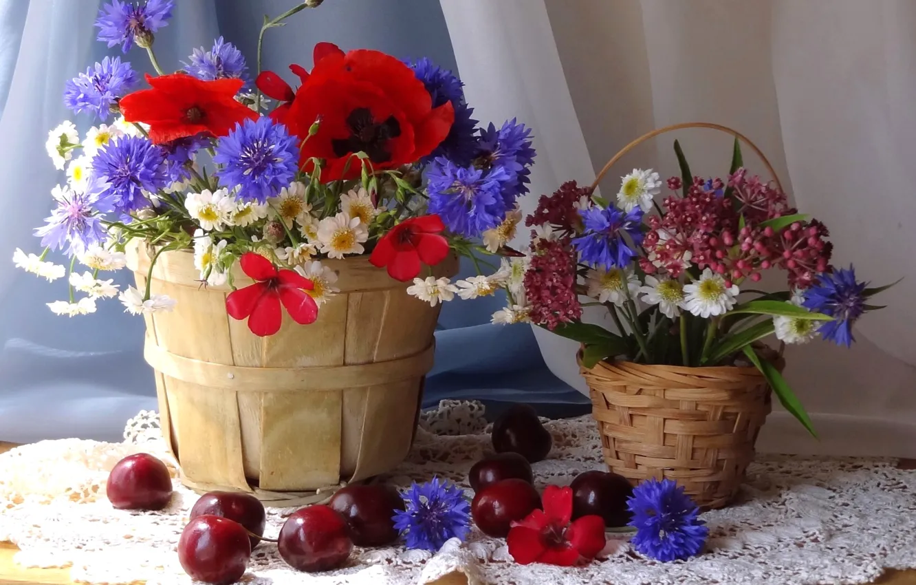 Photo wallpaper flowers, berries, bouquet, still life, basket