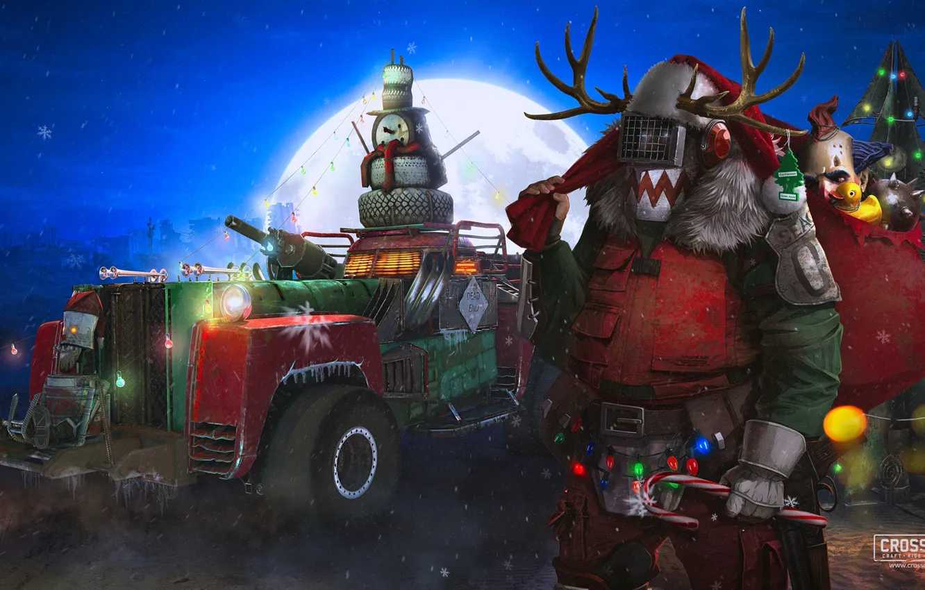 Photo wallpaper transport, gifts, snowman, crossout, New Year in Crossout