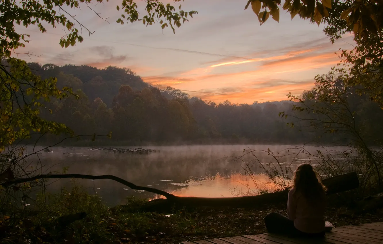 Photo wallpaper forest, girl, trees, lake, morning