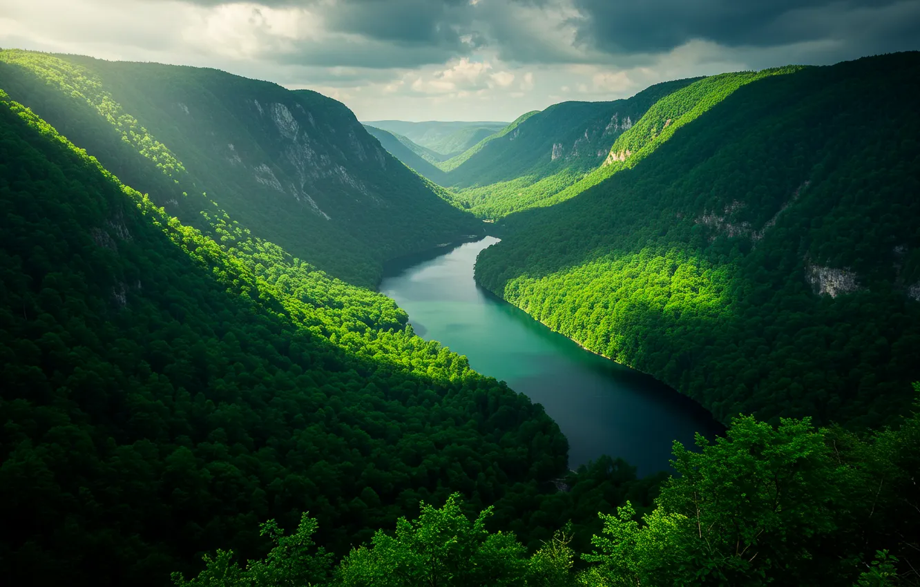 Photo wallpaper the sky, grass, clouds, trees, mountains, nature, river, Wallpaper