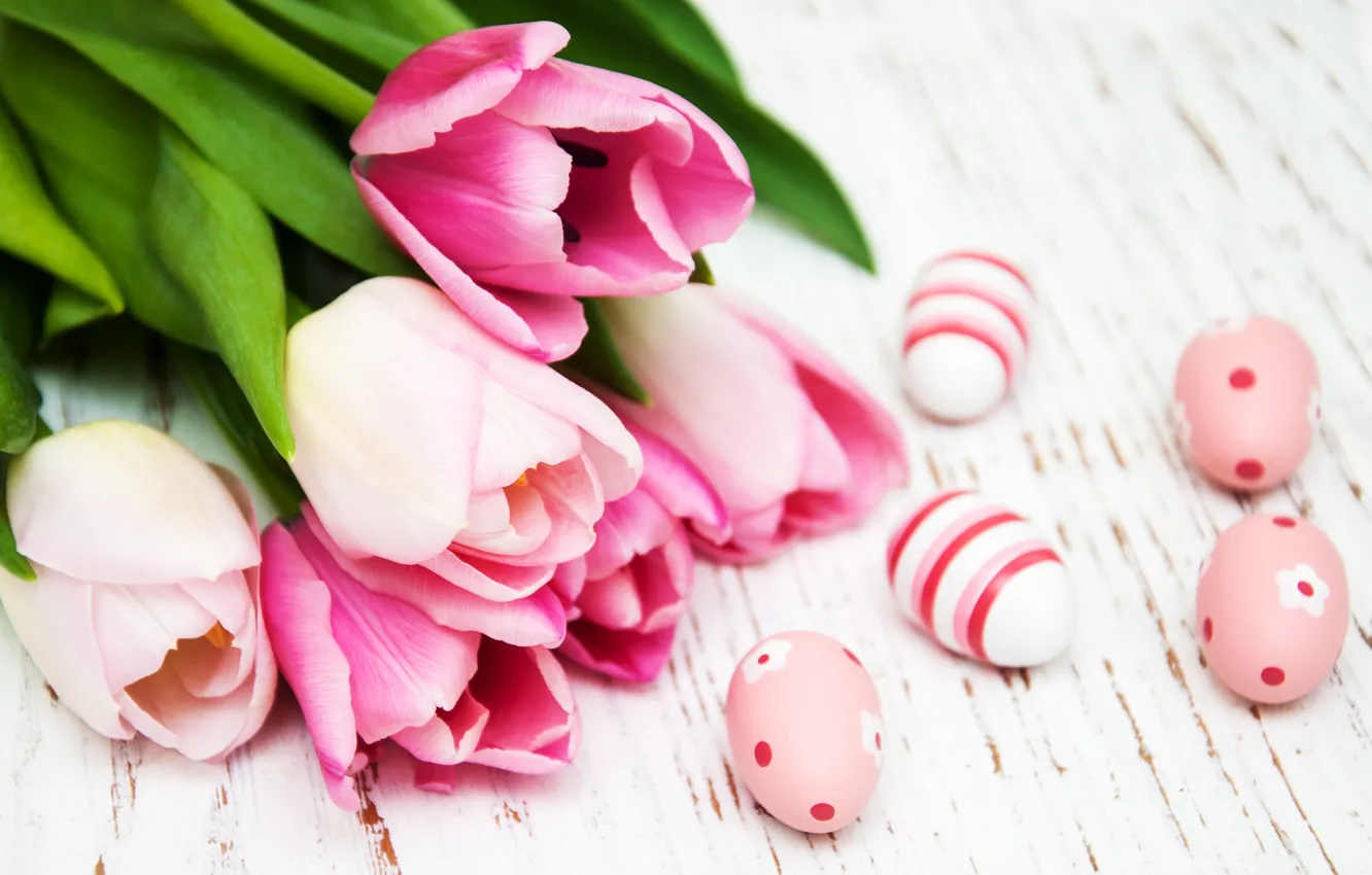 Photo wallpaper flowers, eggs, Easter, tulips, happy, wood, pink, flowers