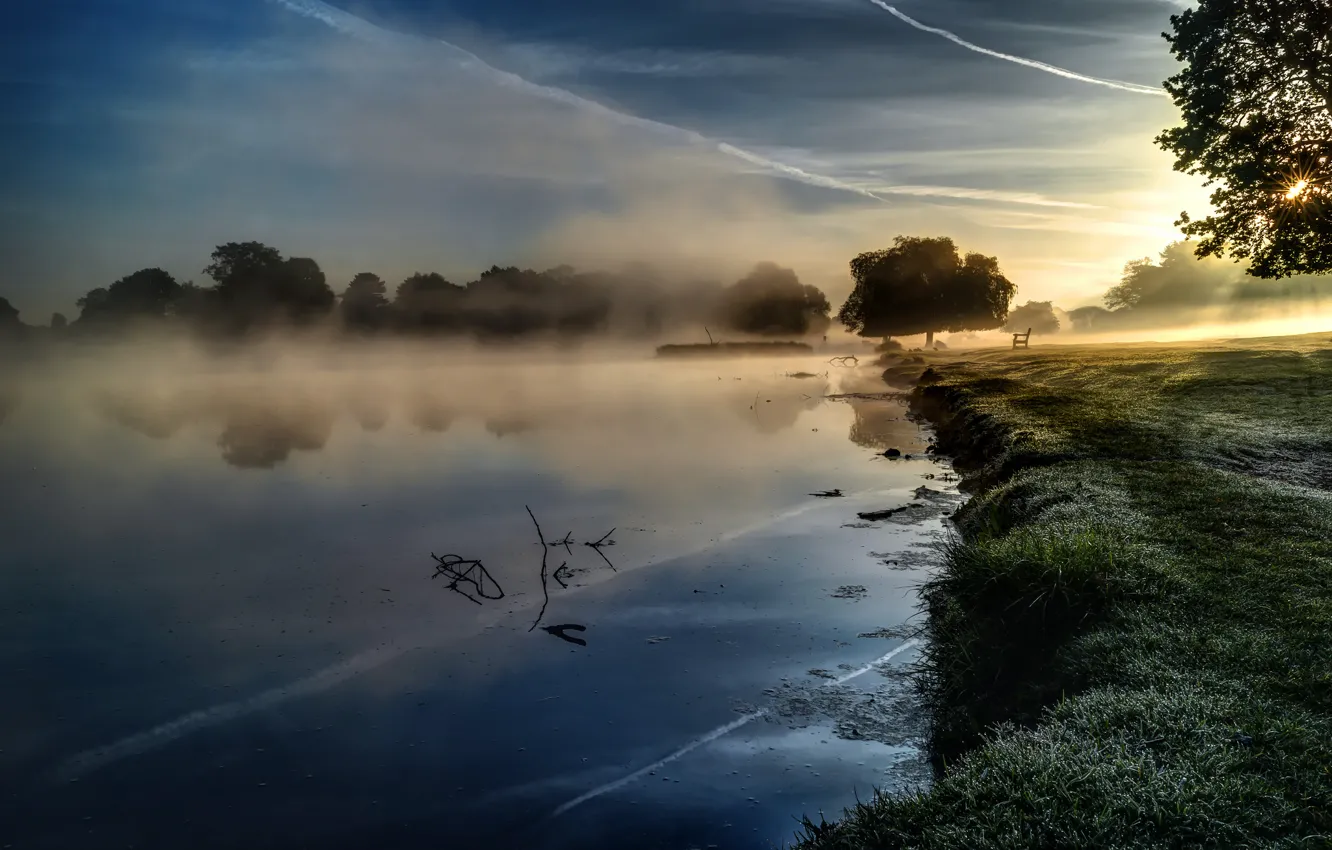 Photo wallpaper nature, fog, lake, morning