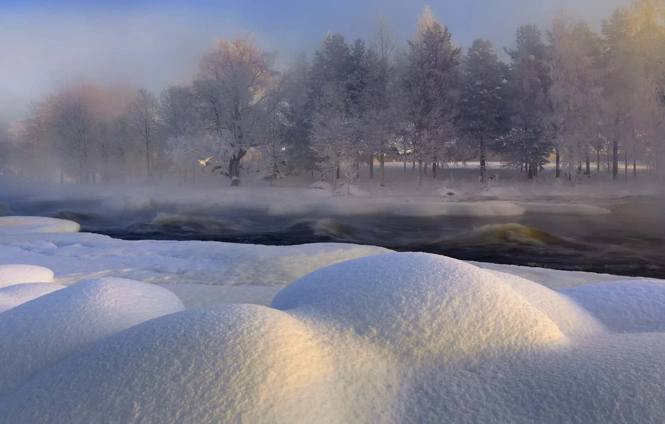 Photo wallpaper winter, snow, trees, nature, river, Sweden, Sweden, Voxnan River