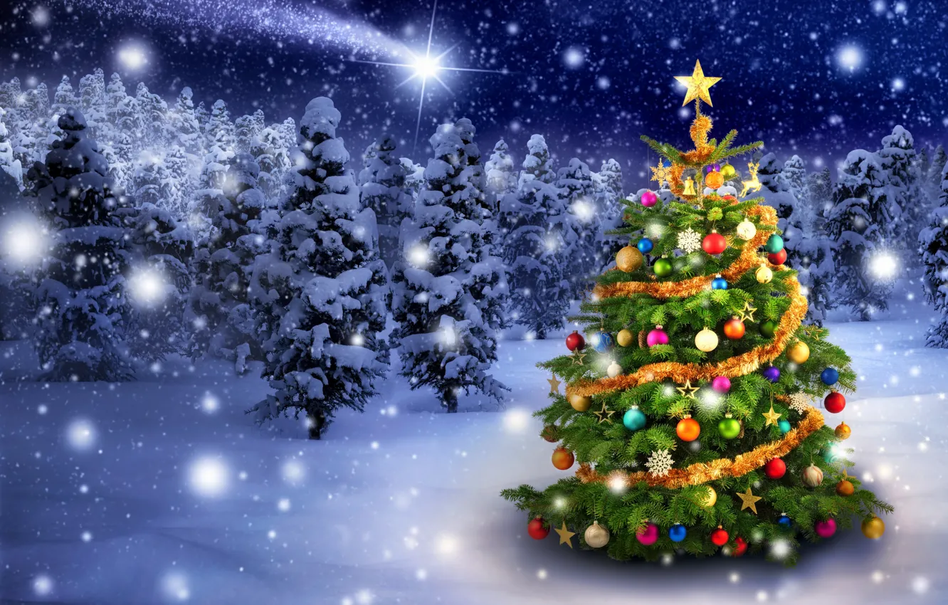 Photo wallpaper winter, snow, snowflakes, toys, tree, New Year, Christmas, Christmas