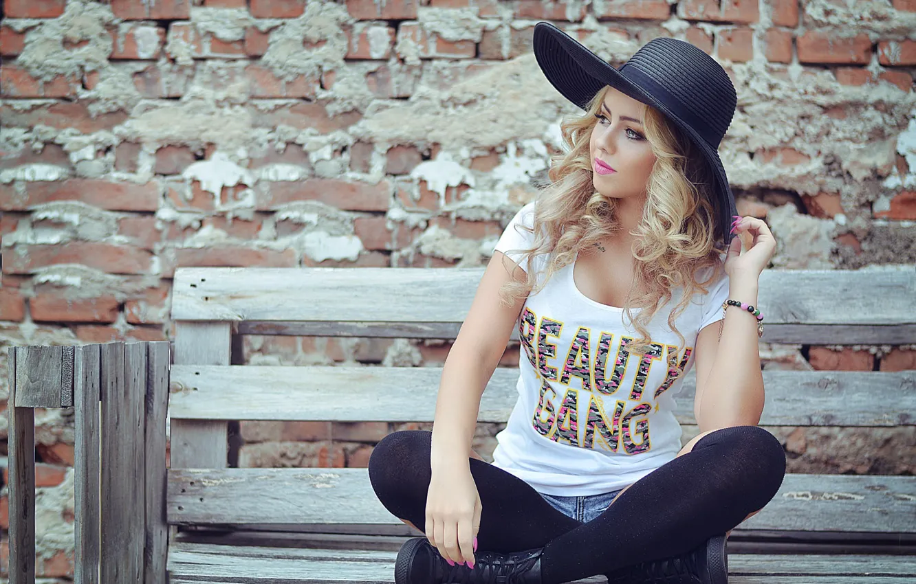 Photo wallpaper wall, black, stockings, model, women, bench, look, blonde