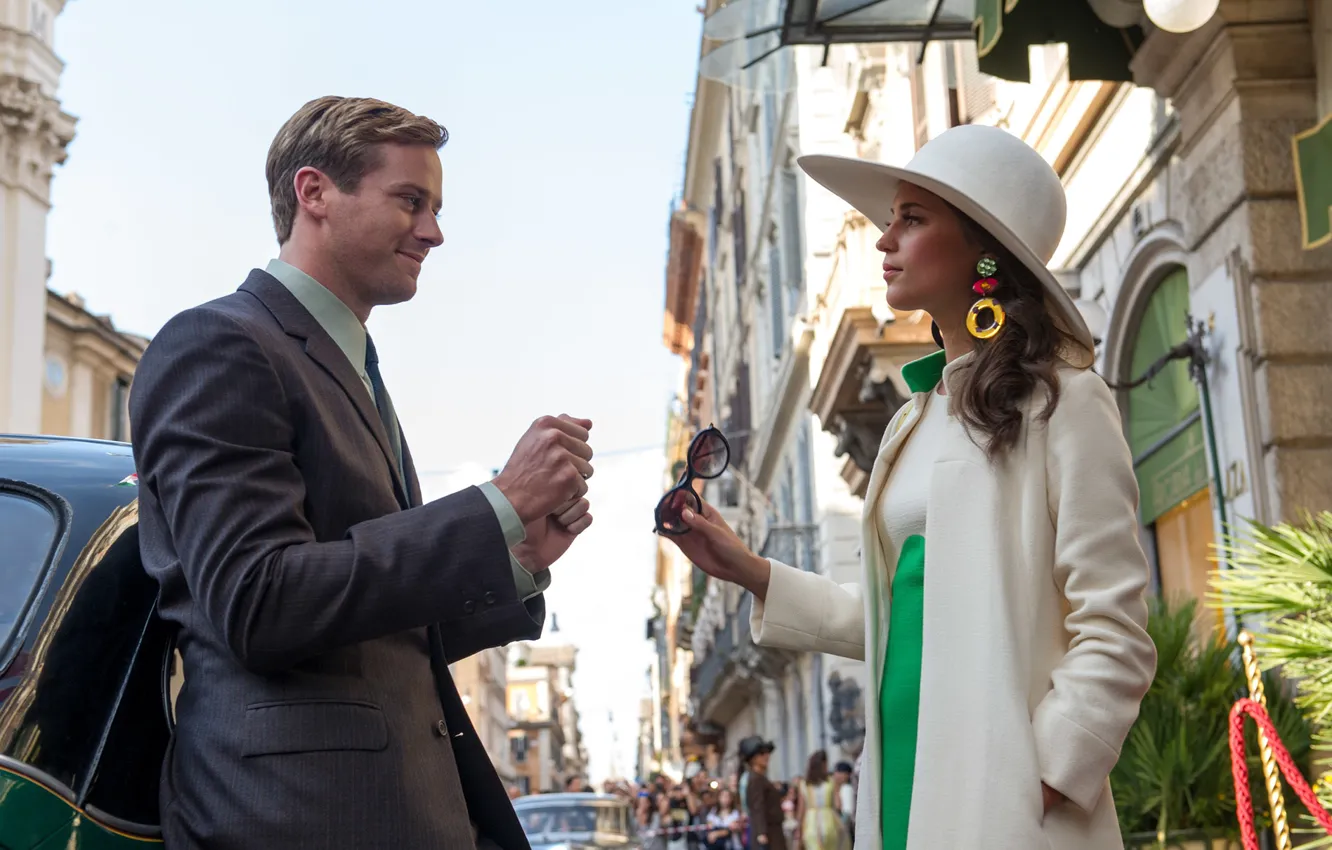 Photo wallpaper Alicia Vikander, street, male, girl, auto, Armie Hammer, Agents A. N. To.L.