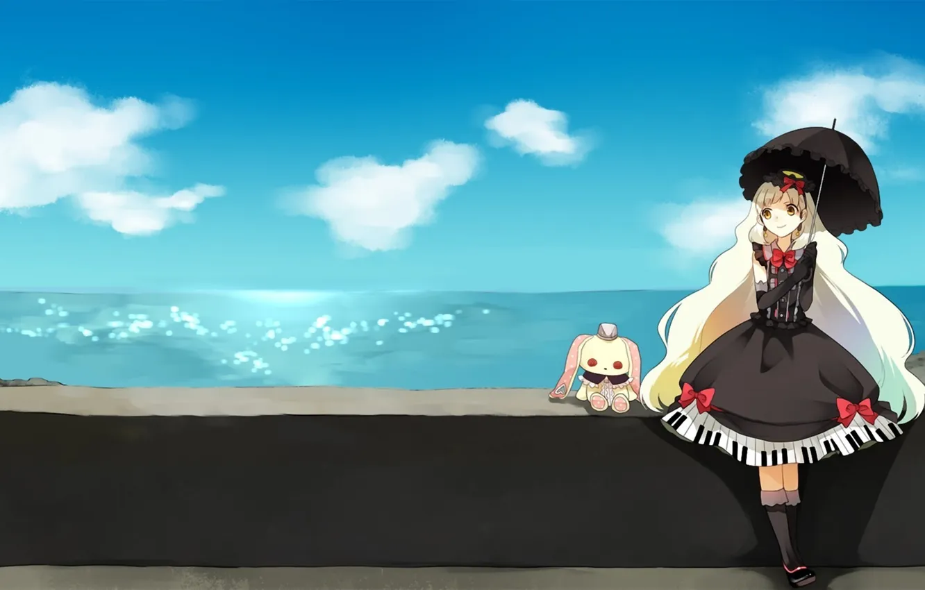 Photo wallpaper sea, shore, toy, umbrella, art, girl, vocaloid, koyubi right