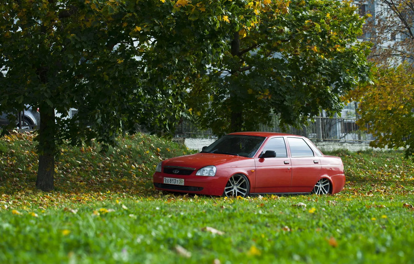 Photo wallpaper machine, auto, grass, trees, Lada, auto, Priora, VAZ