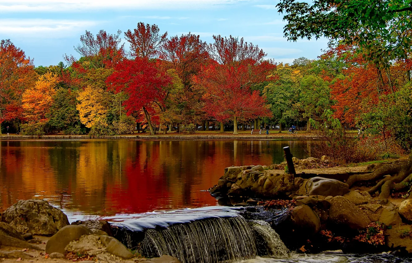 Photo wallpaper autumn, trees, lake, Park, New York, Babylon, Belmont Lake State Park, the state of new …
