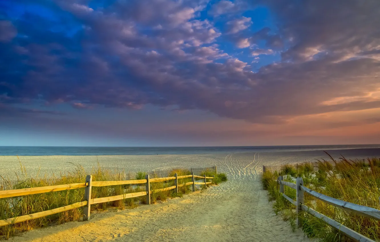 Photo wallpaper the sky, grass, the ocean, shore, the fence