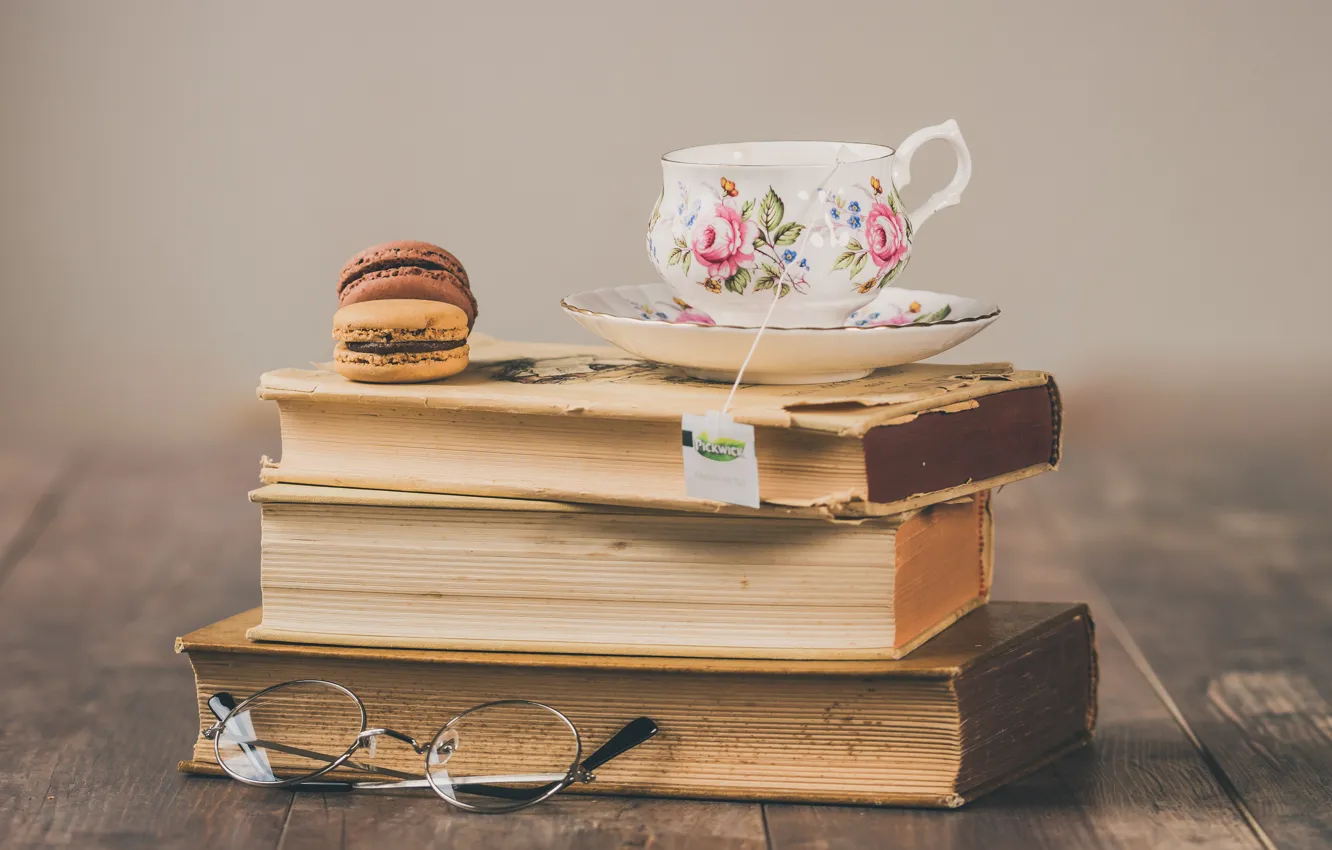 Photo wallpaper book, mug, table, tea, stack, Cup, cookies, composition