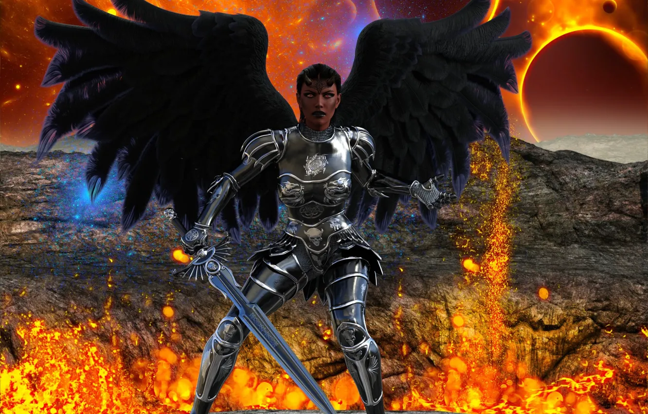 Photo wallpaper girl, space, wings, armor