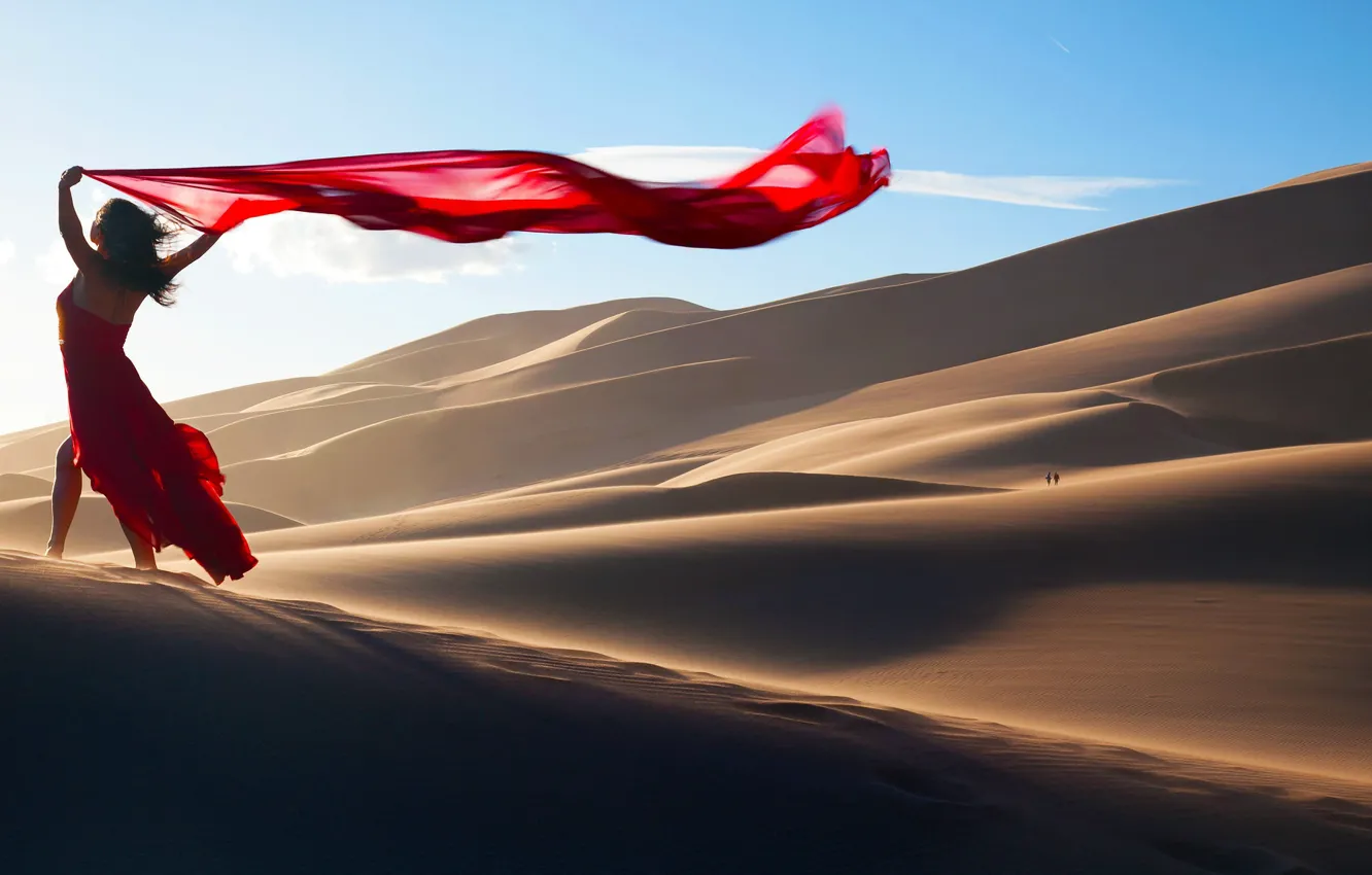 Photo wallpaper sand, girl, the dunes, pose, mood, desert, red dress
