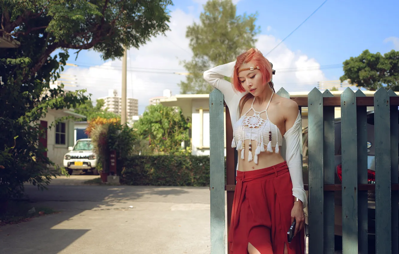 Photo wallpaper girl, street, the fence