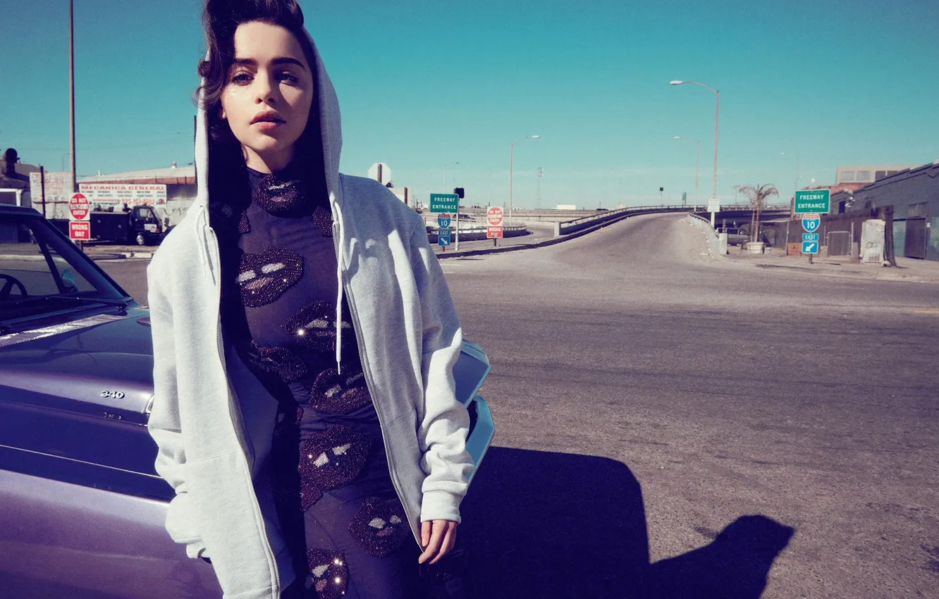 Photo wallpaper road, street, dress, actress, brunette, photographer, hood, car