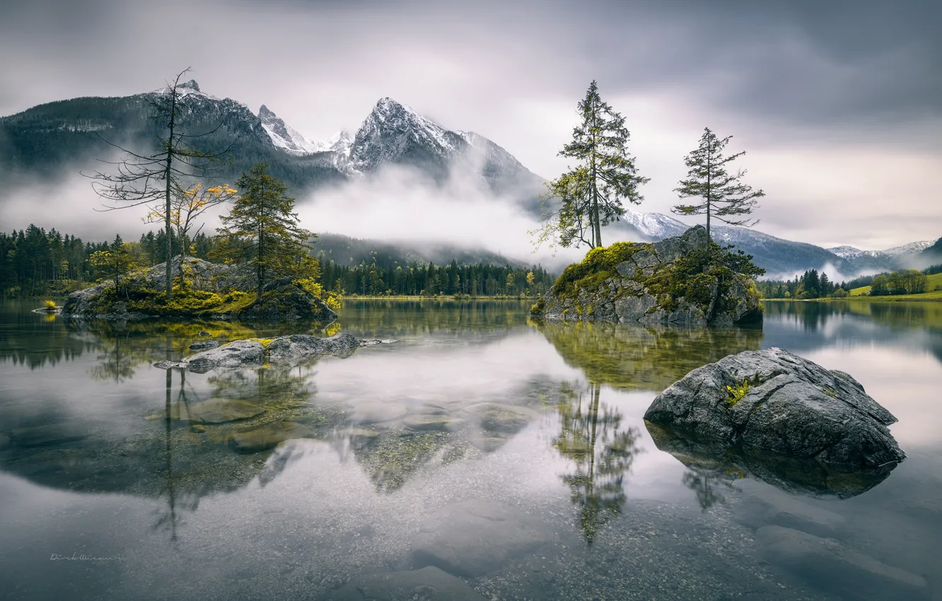 Photo wallpaper mountains, fog, lake, rocks, Germany, Bayern