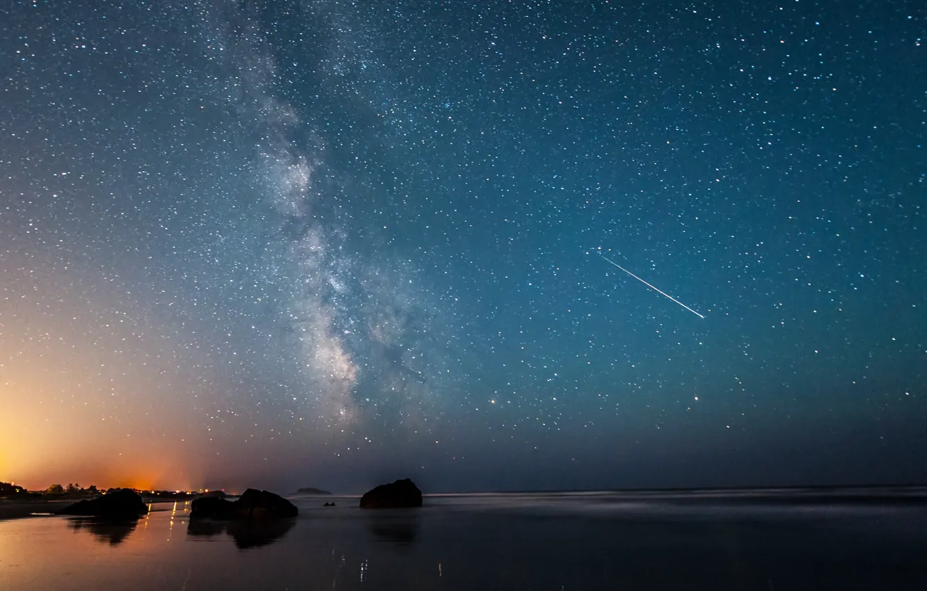 Photo wallpaper beach, reflection, rocks, the milky way, beach, rocks, Milky Way, reflection