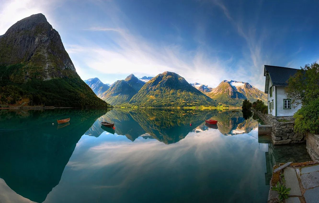 Photo wallpaper mountains, lake, boats, Norway