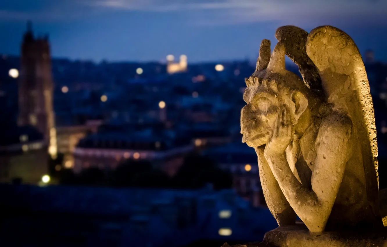 Photo wallpaper night, the city, France, Paris, blur, Paris, sculpture, Notre Dame Cathedral