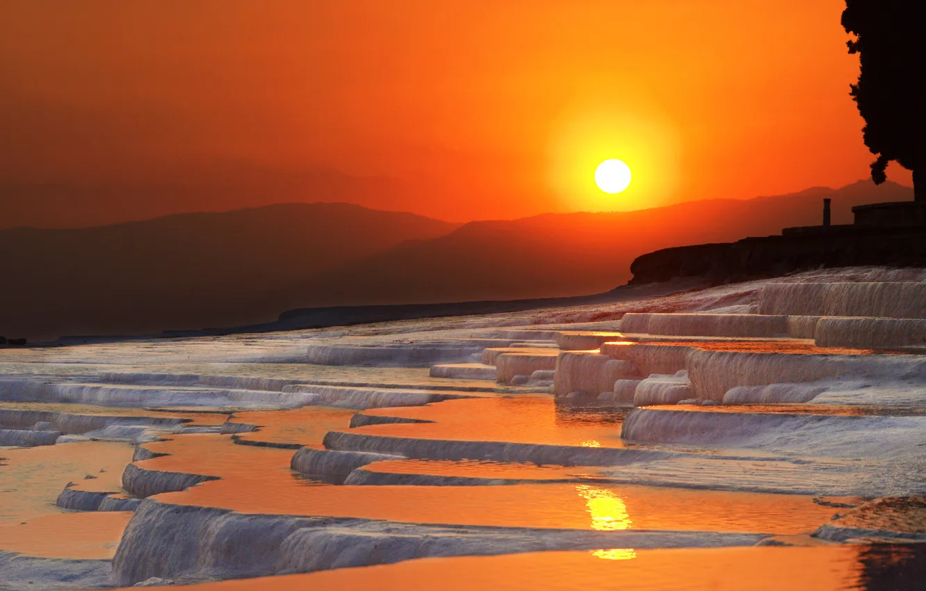 Photo wallpaper the sun, landscape, sunset, Turkey, Pamukkale
