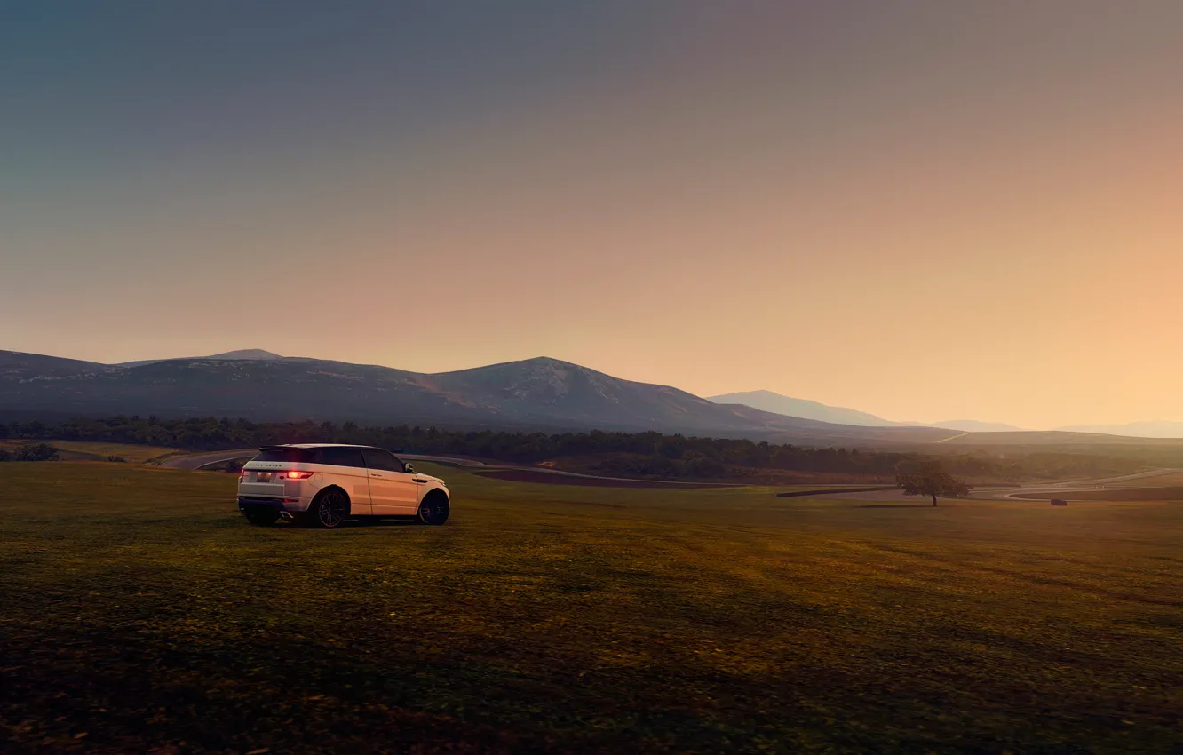 Photo wallpaper field, machine, sunset, hills, Land Rover, Range Rover, Evoque