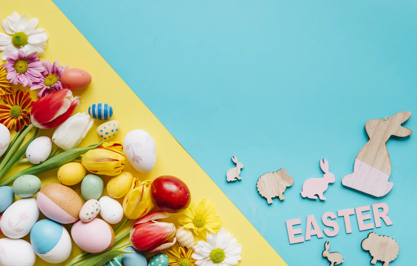 Photo wallpaper holiday, colorful, Easter, blue, pink, flowers, decor, Easter