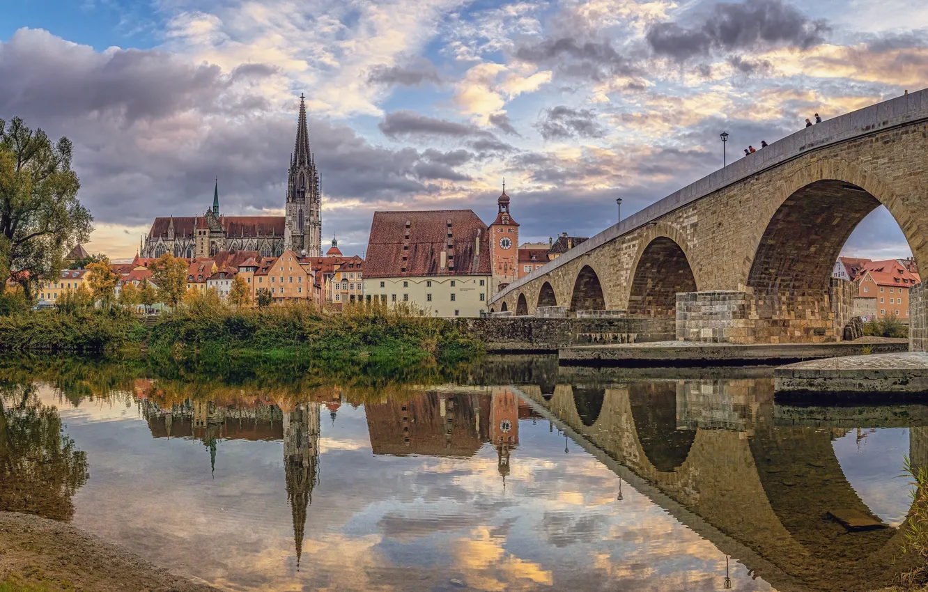Photo wallpaper bridge, reflection, river, building, home, Germany, Bayern, Germany