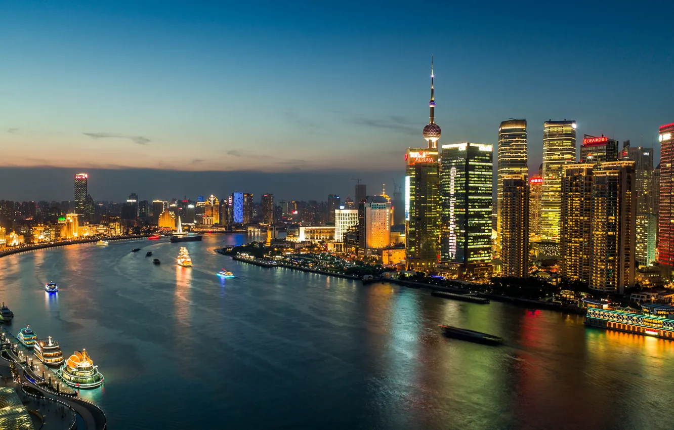 Photo wallpaper lights, China, building, panorama, China, Shanghai, Shanghai, night city