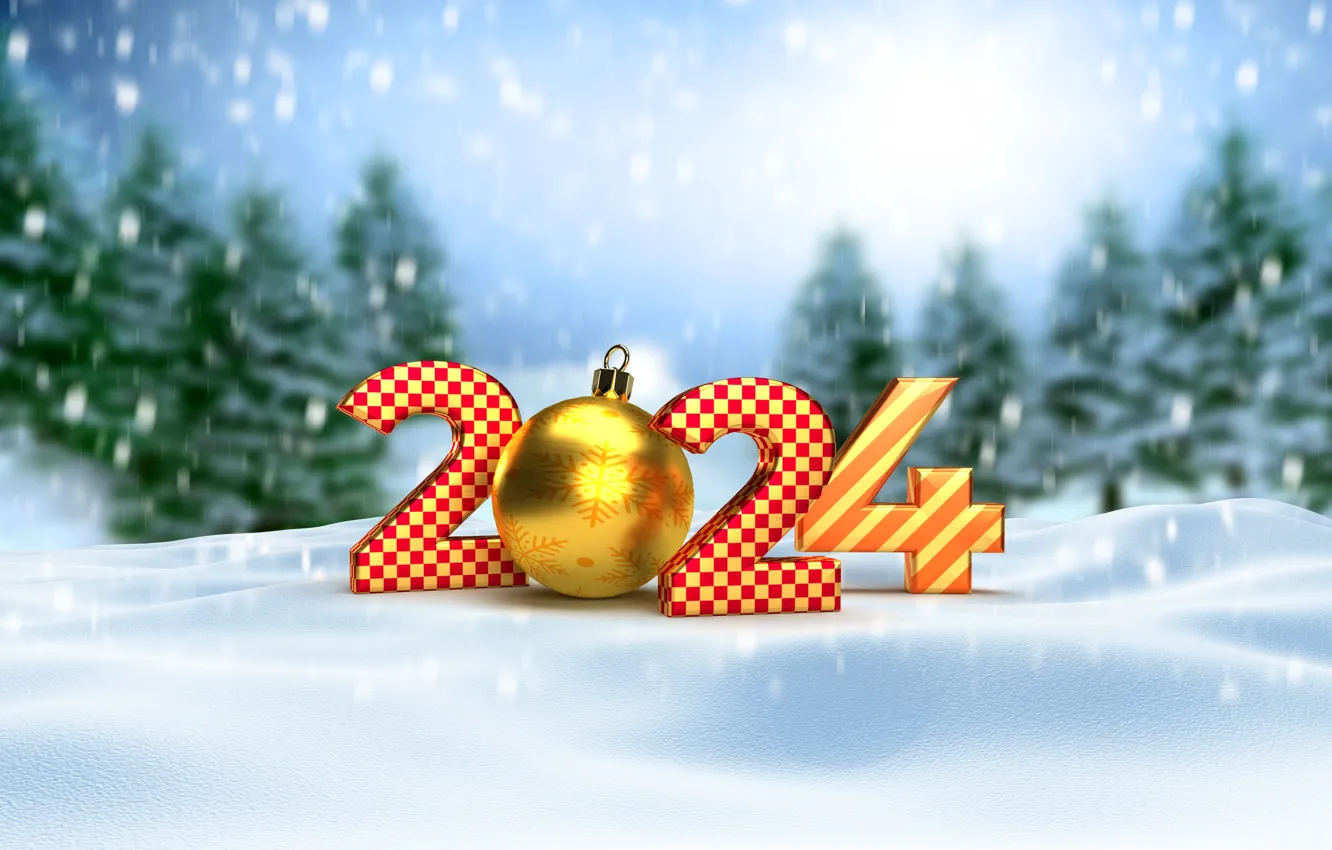 Photo wallpaper winter, snow, New Year, Christmas, figures, golden, new year, happy