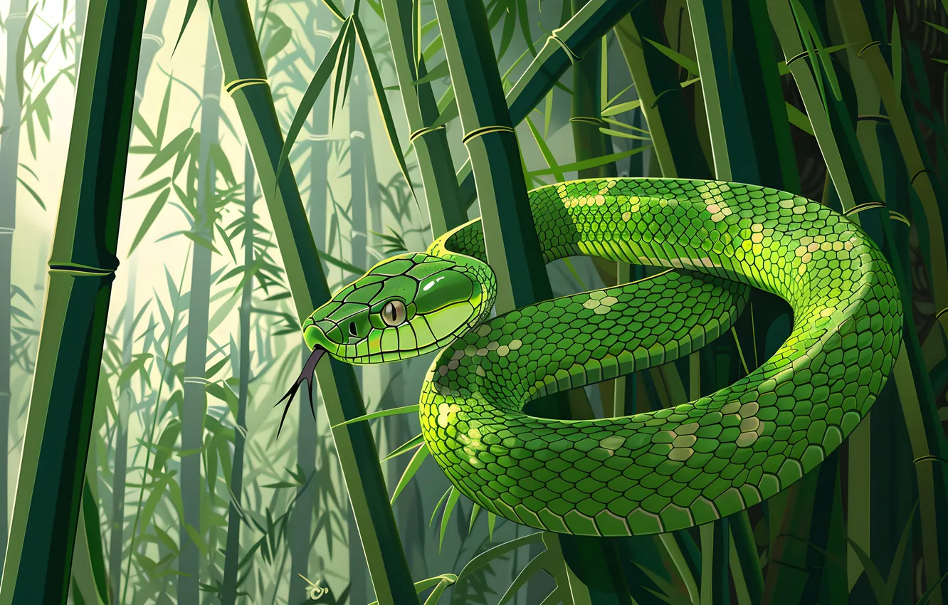 Photo wallpaper animal, snake, bamboo, art, reptile, digital art, imitation painting, AI art