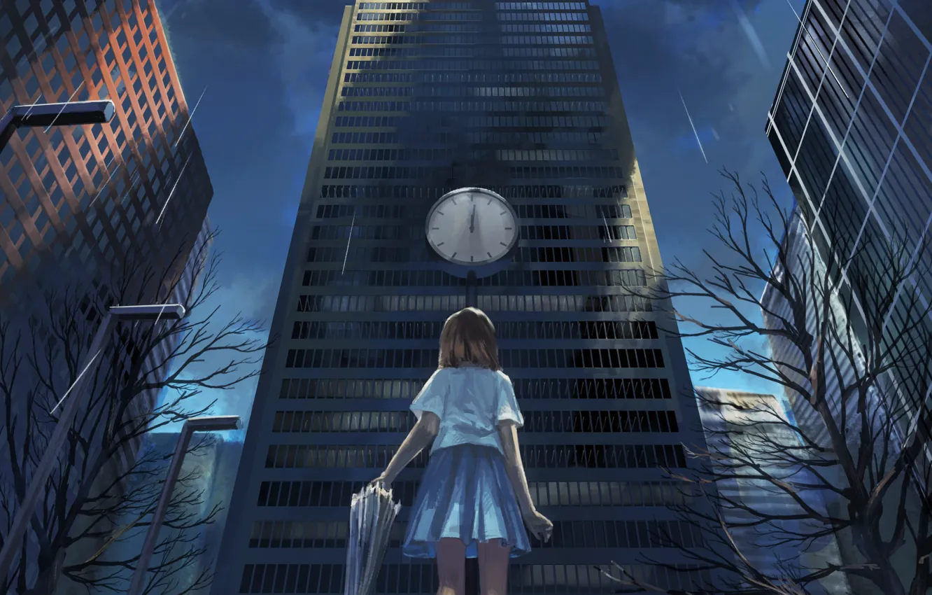 Photo wallpaper rain, watch, building, home, umbrella, anime, art, girl