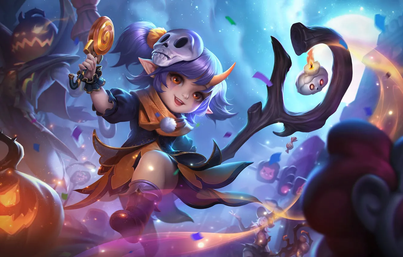 Photo wallpaper smile, skull, candle, pumpkin, staff, arena, character, online