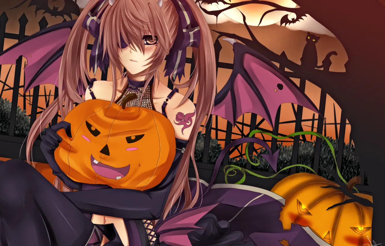 Photo wallpaper cat, look, girl, tree, holiday, wings, the demon, pumpkin