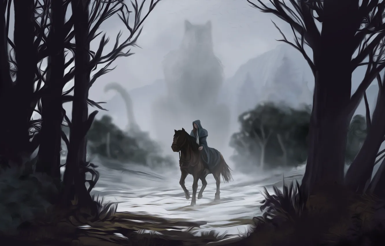 Photo wallpaper look, water, trees, fog, horse, art, tail, silhouette. being
